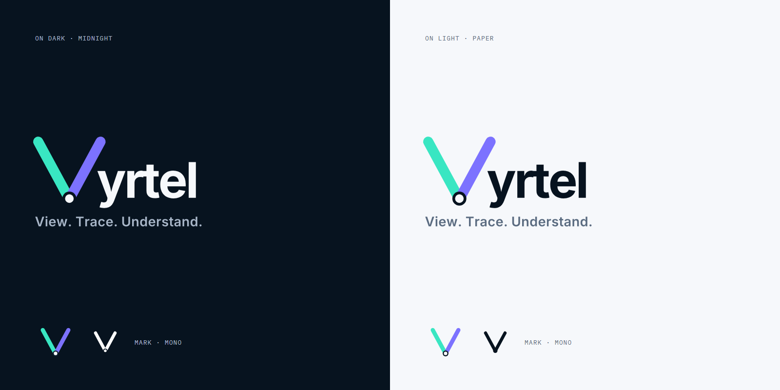 The Vyrtel wordmark and Trace V mark on dark and light backgrounds