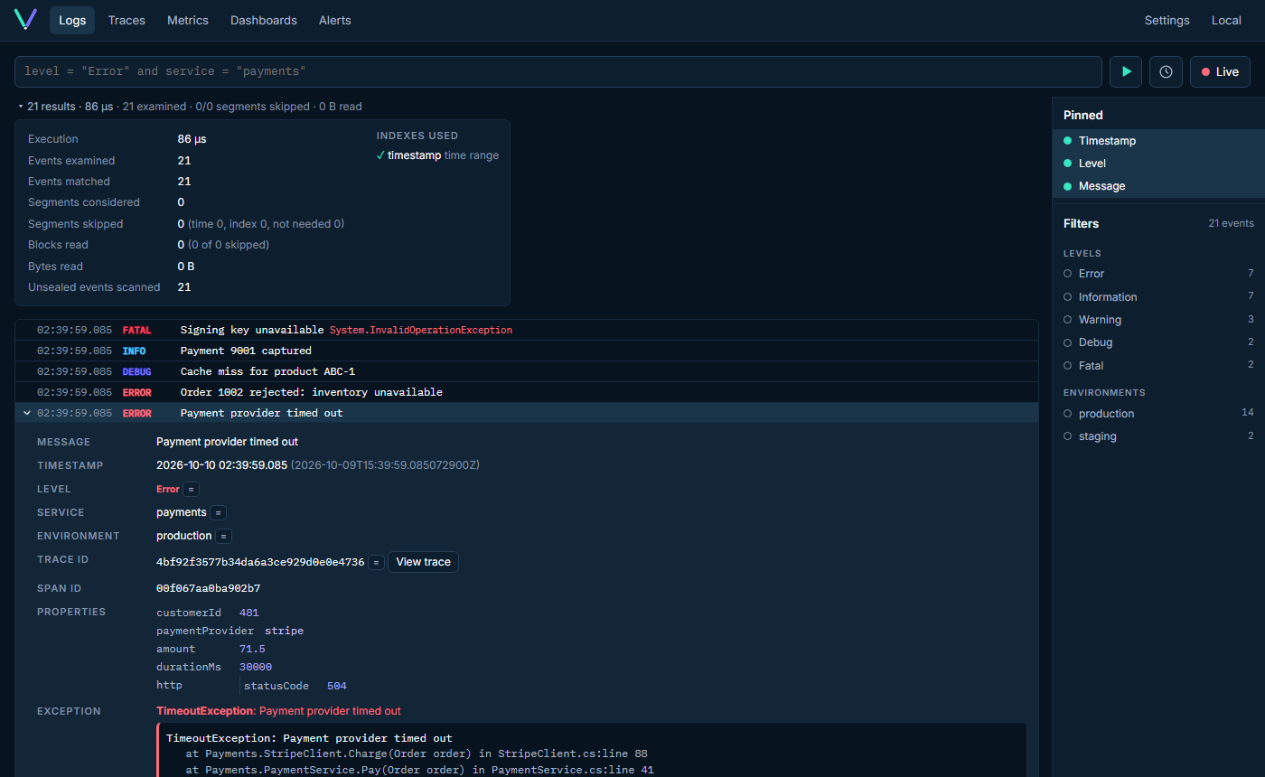 Logs: query, filter panel, diagnostics and an expanded event